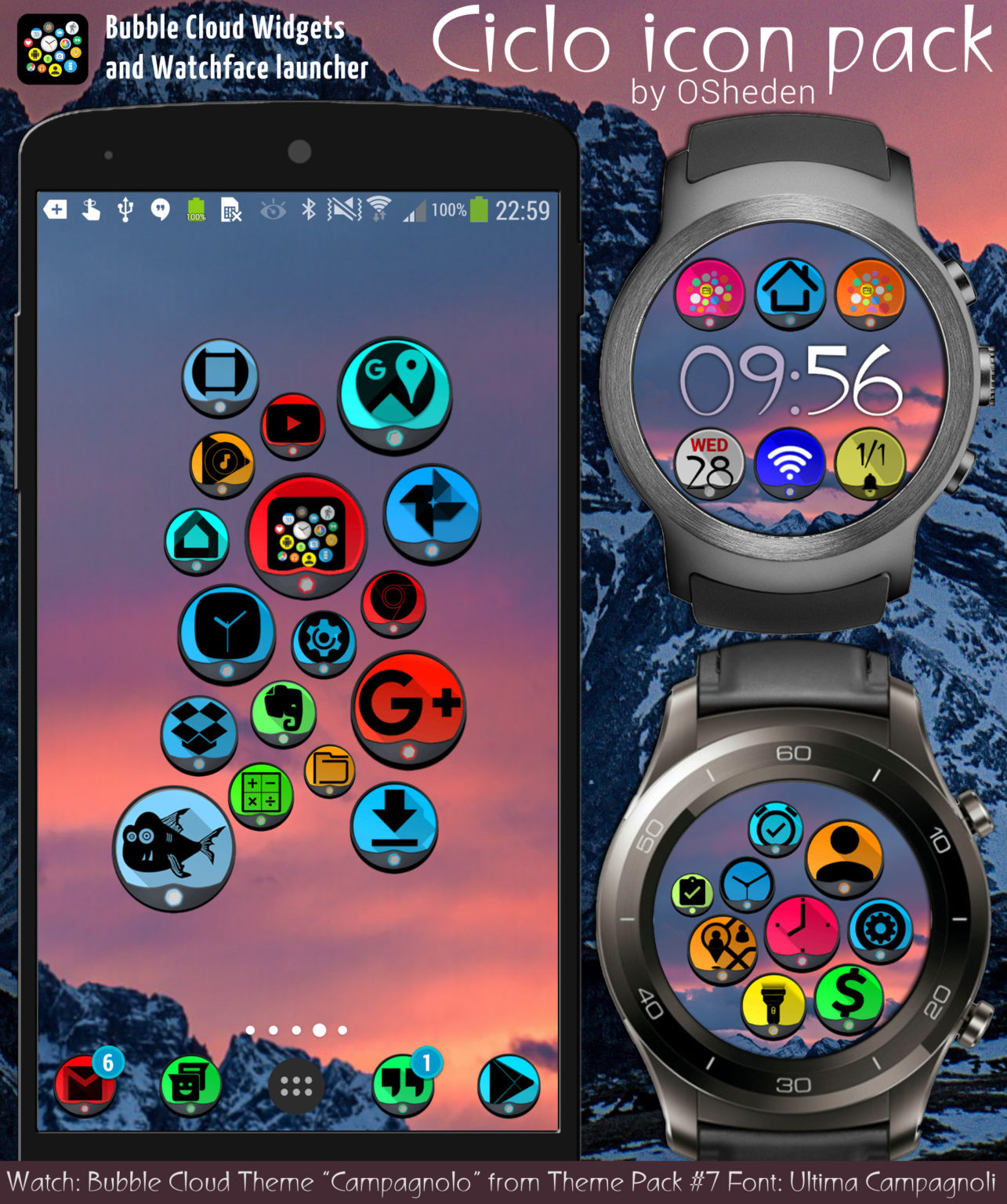 Ciclo Icon Pack – Bubble Cloud Widgets + WearOS Tile Launcher / Watch Face